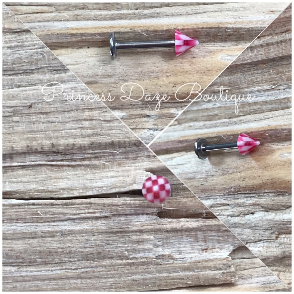 Pink White Gingham Checkerboard‎ Cone Labret Monroe Piercing Jewelry